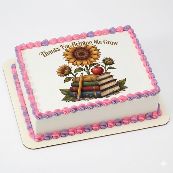 Teacher Sunflower Edible Cake Topper, Thanks for Helping Me Grow D30044