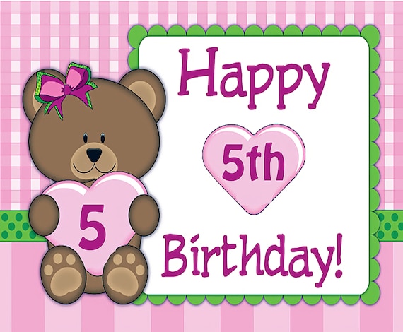 Pink Teddy Bear 5th Birthday ~ Edible 2D Fondant Birthday Cake/Cupcake Topper ~ D21681