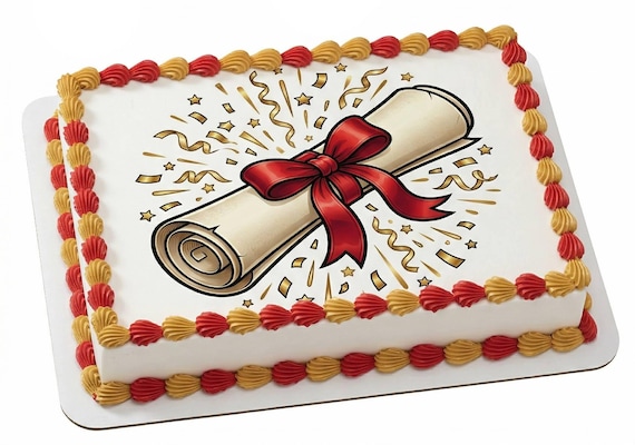 Diploma Scroll Red Ribbon Confetti Edible Cake Topper, Graduation Celebration Frosting Sheet Image, Grad Party Decor ~ D30010