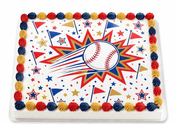 Baseball Patriotic Stars Flags Edible Cake Topper, Birthday Frosting Sheet Image ~ D30134