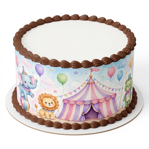 Watercolor Circus Animals Edible Cake Side Strips, Pastel Big Top Tent Frosting Sheet Wrap Borders, Elephant Lion Bear ~ D30098