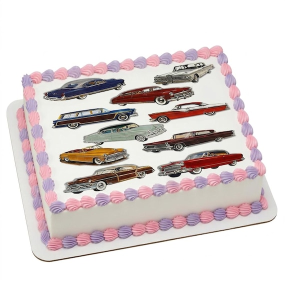 Vintage Classic Cars Edible Cake Topper, Retro 1950s Auto Birthday Frosting Sheet Decoration ~ D7652