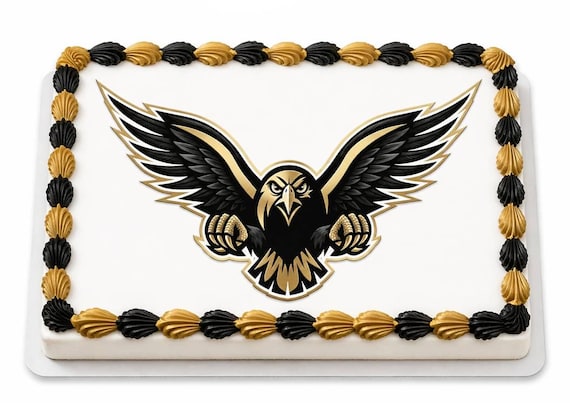 Eagle Hawk Mascot Edible Cake Topper, School Spirit Frosting Sheet Image, Black Gold Eagles ~ D930