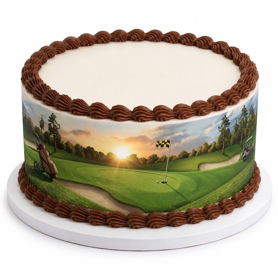 Golf Course Sunset Edible Cake Side Strips, Green Fairway Flag Cart Frosting Sheet Wrap Borders, Country Club ~ D364