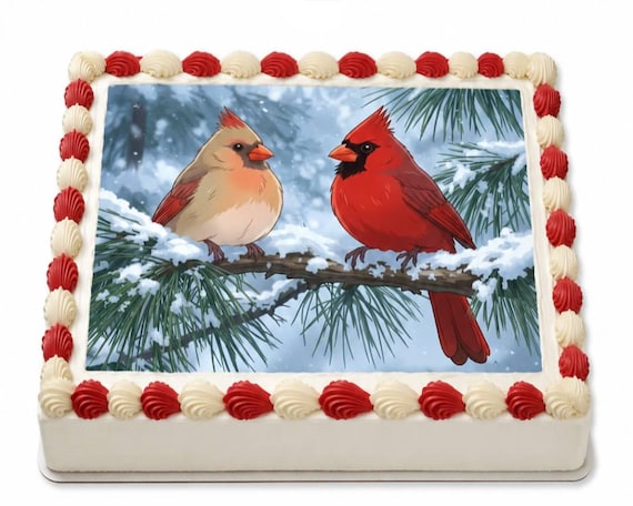 Cardinal Pair Edible Cake Topper, Winter Bird Frosting Sheet, Christmas Wildlife ~ D30109