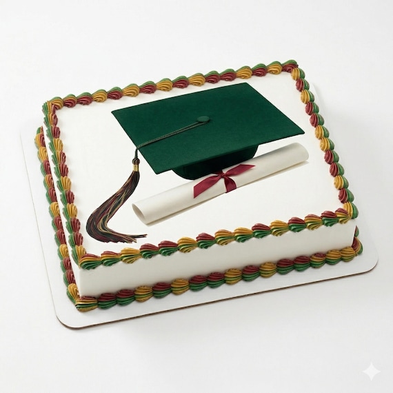 Green Graduation Cap Diploma Edible Cake Topper, Grad Celebration Frosting Sheet Decoration ~ D5916