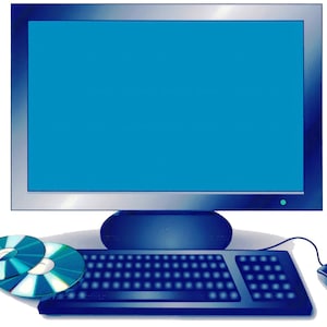May include: A desktop computer with a blue screen, keyboard, mouse, and two CDs. The monitor has a silver frame. The keyboard and mouse are dark blue. The CDs are silver and blue. The image is set against a white background.