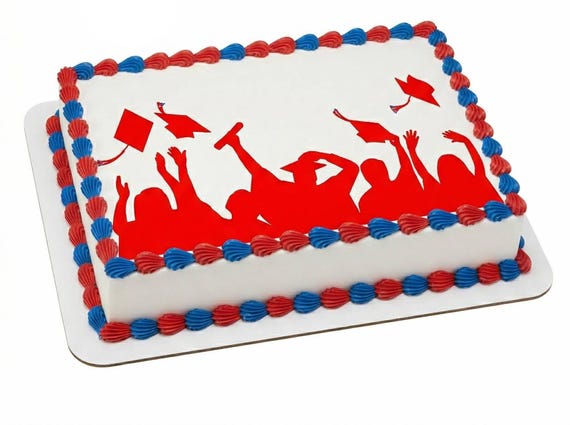 Red Graduation Silhouette Cap Toss Edible Cake Topper, Celebration Frosting Sheet Image, Commencement Party Decor ~ D24576