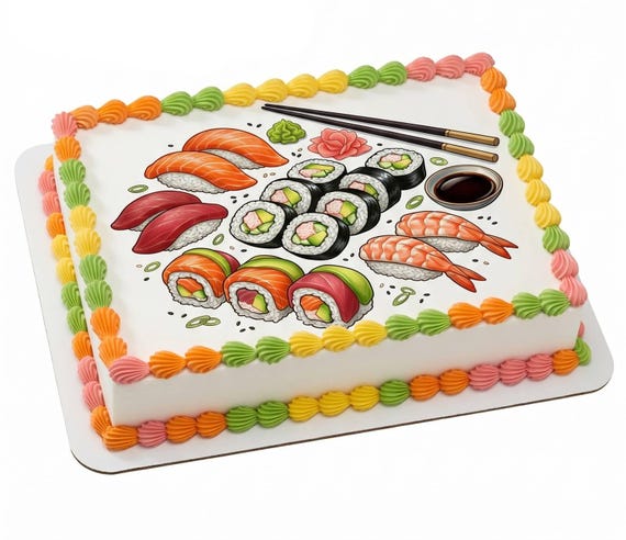 Cartoon Sushi Edible Cake Topper, Japanese Food Illustration Frosting Sheet Image, Sushi Birthday ~ D30070