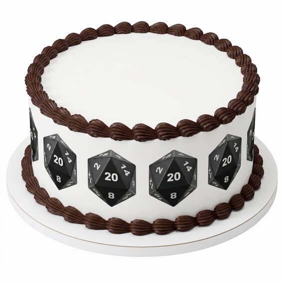 D20 Dice Edible Cake Side Strip, Dungeons Dragons Gamer Frosting Sheet Decoration ~ D23002