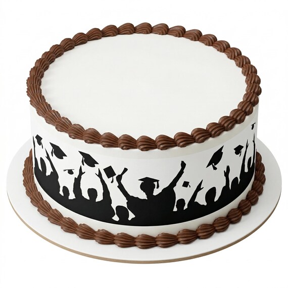 Graduation Silhouette Cap Toss Edible Cake Side Strips, Grad Party Frosting Sheet Wrap Decoration ~ D485