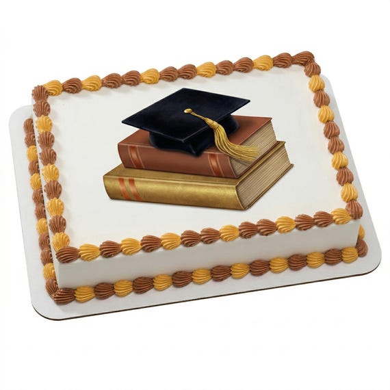 Graduation Cap on Books Edible Cake Topper, Classic Grad Celebration Frosting Sheet Decoration ~ D1091