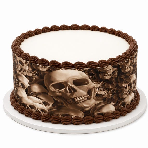 Brown Skull Pile Edible Cake Side Strips, Gothic Skeleton Bone Frosting Sheet Wrap Borders, Dark Horror Halloween ~ D30093