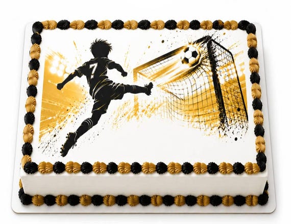 Soccer Goal Scorer Edible Cake Topper, Black Gold Sports Frosting Sheet Image ~ D30164