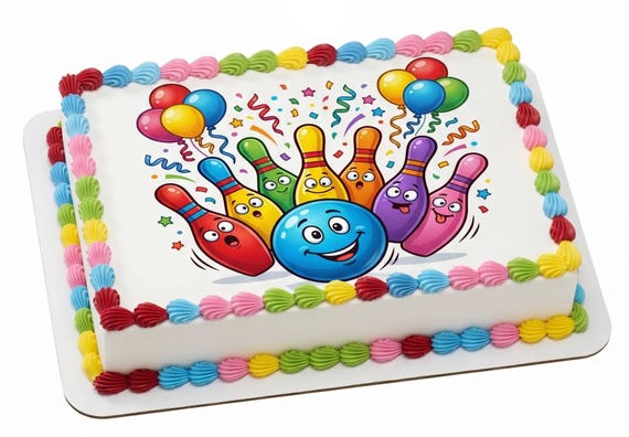 Cute Bowling Party Edible Cake Topper, Colorful Bowling Frosting Sheet Decoration ~ D30067