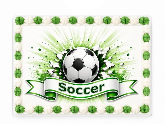 Soccer Ball Banner Edible Cake Topper, Green Sports Birthday Frosting Sheet Image ~ D30165
