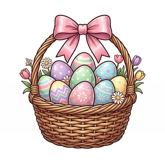 Easter Egg Basket Pink Bow Edible Cake Topper Cupcake Image Frosting Sheet Spring Decor Personalized (9 Size Options) D30021