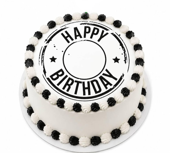 Black White Happy Birthday Edible Cake Topper, Round Party Frosting Sheet Image ~ D6324