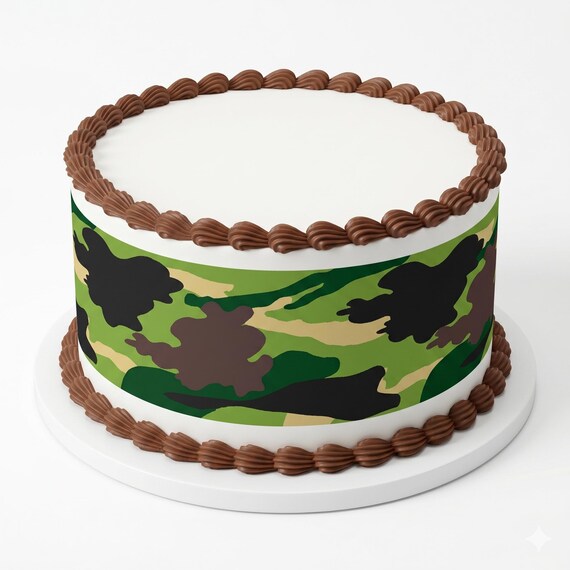 Green Camo Camouflage Edible Cake Side Strip, Military Hunting Frosting Sheet Decoration, Army Theme ~ D359
