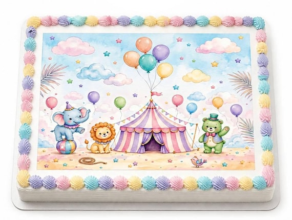 Watercolor Circus Animals Edible Cake Topper, Pastel Big Top Tent Frosting Sheet Image, Elephant Lion Bear Balloons ~ D30097
