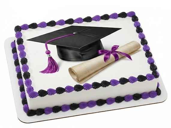 Graduation Cap Diploma Purple Tassel Edible Cake Topper, Commencement Frosting Sheet Image, Grad Party Decor ~ D22883