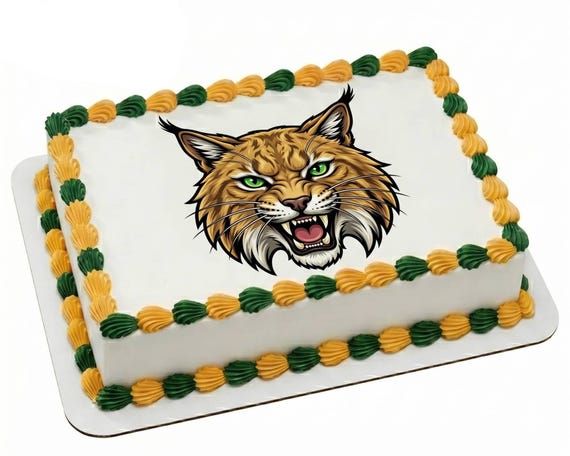 Bobcat Wildcat Mascot Edible Cake Topper, School Spirit Frosting Sheet Image, Gold Green Wildcats ~ D30077