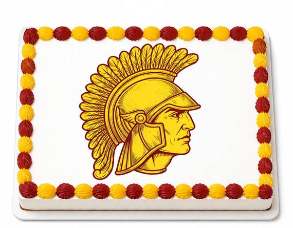 Gold Maroon Trojan Warrior Head Edible Cake Topper, Spartan Mascot School Frosting Sheet Image ~ D22483