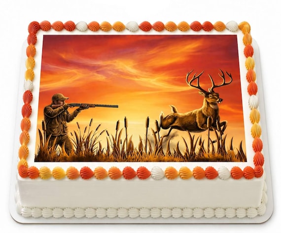 Deer Hunting Sunset Edible Cake Topper, Hunter Buck Frosting Sheet Image ~ D30208