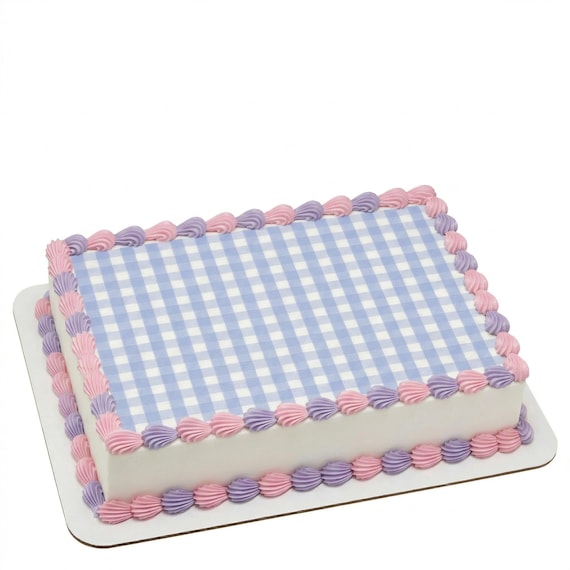 Baby Blue Gingham Edible Cake Topper – Birthday Party Dessert Decoration - D24406