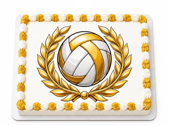 Gold Volleyball Laurel Wreath Edible Cake Topper, Champion Trophy Crest Frosting Sheet Image, Award Victory Party ~ D30117