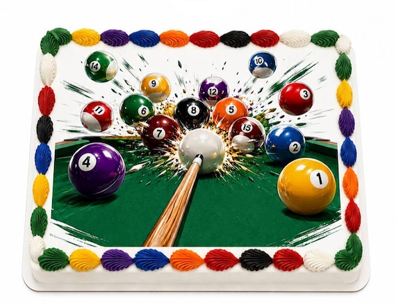 Pool Break Billiards Edible Cake Topper, Eight Ball Birthday Frosting Sheet Image ~ D30156