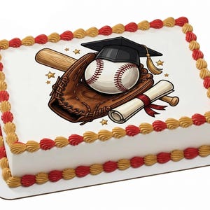 May include: A rectangular cake decorated with a baseball theme. The cake features a baseball, glove, bat, graduation cap, and diploma. The edges are decorated with red and yellow frosting.