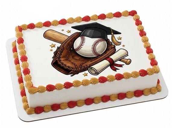 Baseball Graduation Cap Diploma Edible Cake Topper, Sports Grad Celebration Frosting Sheet Decoration ~ D30054