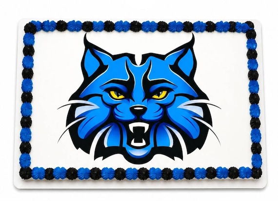Blue Black Wildcat Bobcat Mascot Edible Cake Topper, School Team Frosting Sheet Image, Fierce Cat ~ D22737
