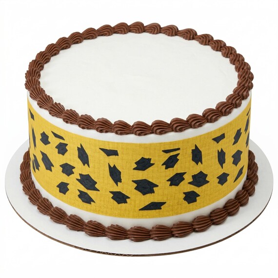 Gold Graduation Caps Edible Cake Side Strips, Grad Party Frosting Sheet Wrap Decoration ~ D287