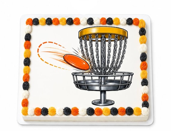 Disc Golf Basket Edible Cake Topper, Orange Flying Disc Sports Birthday Frosting Sheet ~ D30256