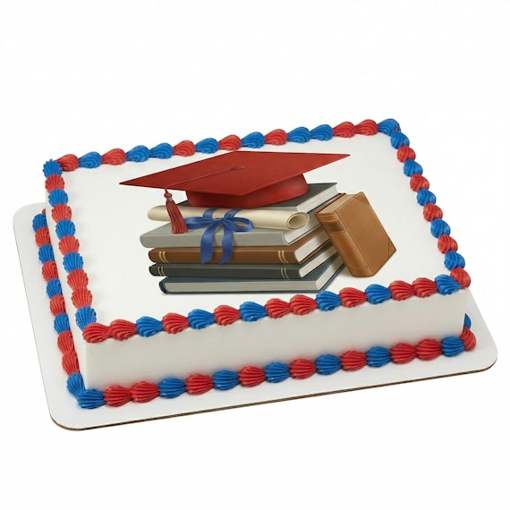 Red Graduation Cap Books Diploma Edible Cake Topper, Grad Party Frosting Sheet Decoration ~ D30049