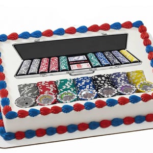 May include: A rectangular cake decorated with white frosting, red and blue frosting accents, and an image of a poker set. The poker set image includes a case, poker chips, and play money. The cake is a festive design.