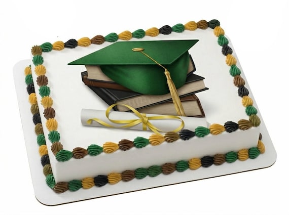 Green Graduation Cap Books Diploma Edible Cake Topper, Scholar Commencement Frosting Sheet Image, Grad Party Decor ~ D24053