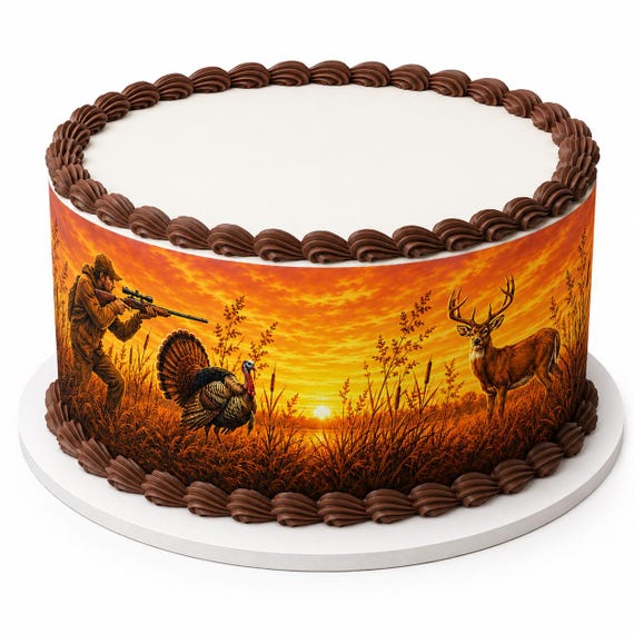 Hunting Birthday Deer Turkey Edible Cake Side Strip, Hunter Sunset Frosting Sheet Decoration ~ D30174
