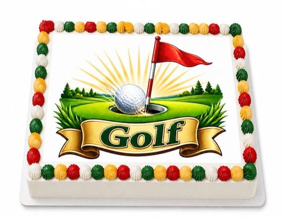 Golf Flag Ball Ribbon Edible Cake Topper, Golfer Birthday Frosting Sheet Image ~ D30124