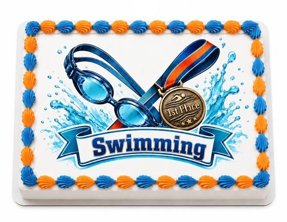 Swimming Medal Goggles Edible Cake Topper, Pool Party Frosting Sheet Image ~ D30206