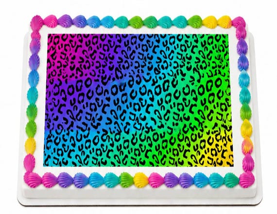 Rainbow Leopard Print Edible Cake Topper, Neon Animal Pattern Frosting Sheet ~ D24716