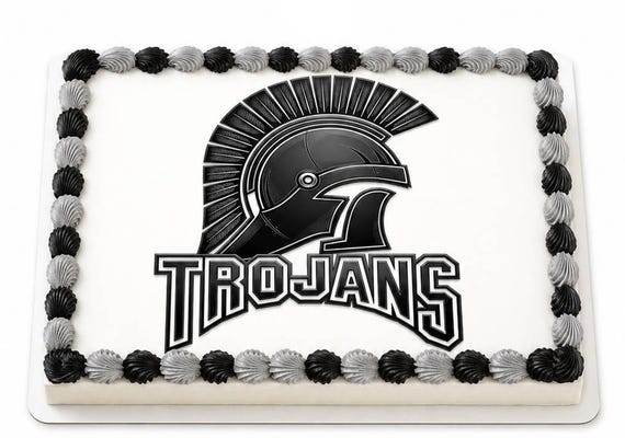 Trojans Mascot Edible Cake Topper, School Spirit Frosting Sheet Image, Black Silver Trojans Logo ~ D962