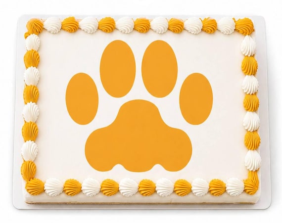 Orange Paw Print Edible Cake Topper, Dog Cat Pet Mascot Frosting Sheet Image, Rounded School Team Spirit Party ~ D24694