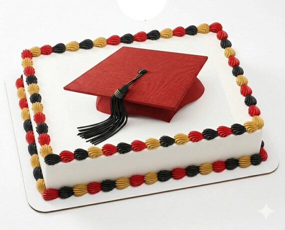 Red Graduation Cap Black Tassel Edible Cake Topper, Mortarboard Commencement Frosting Sheet Image, Grad Party Decor ~ D24047