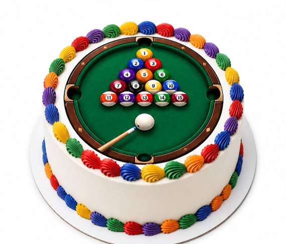 Round Pool Table Billiards Edible Cake Topper, Game Room Frosting Sheet Image ~ D30154