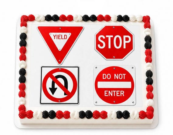 Road Signs Edible Cake Topper, Traffic Party Frosting Sheet Image ~ D24164