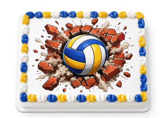Volleyball Smashing Brick Wall Edible Cake Topper, Blue Yellow Ball Burst Frosting Sheet Image, Power Spike Party ~ D30115