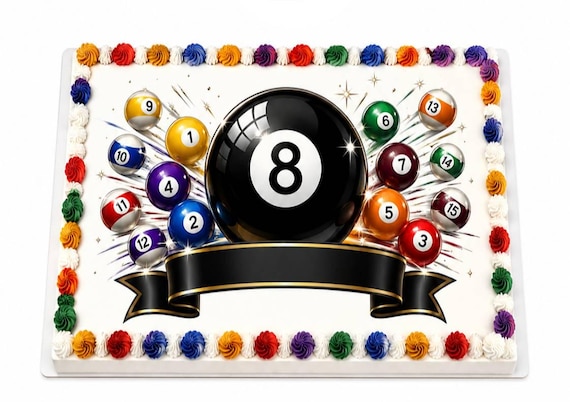 Billiards Eight Ball Edible Cake Topper, Pool Balls Frosting Sheet Image ~ D30158
